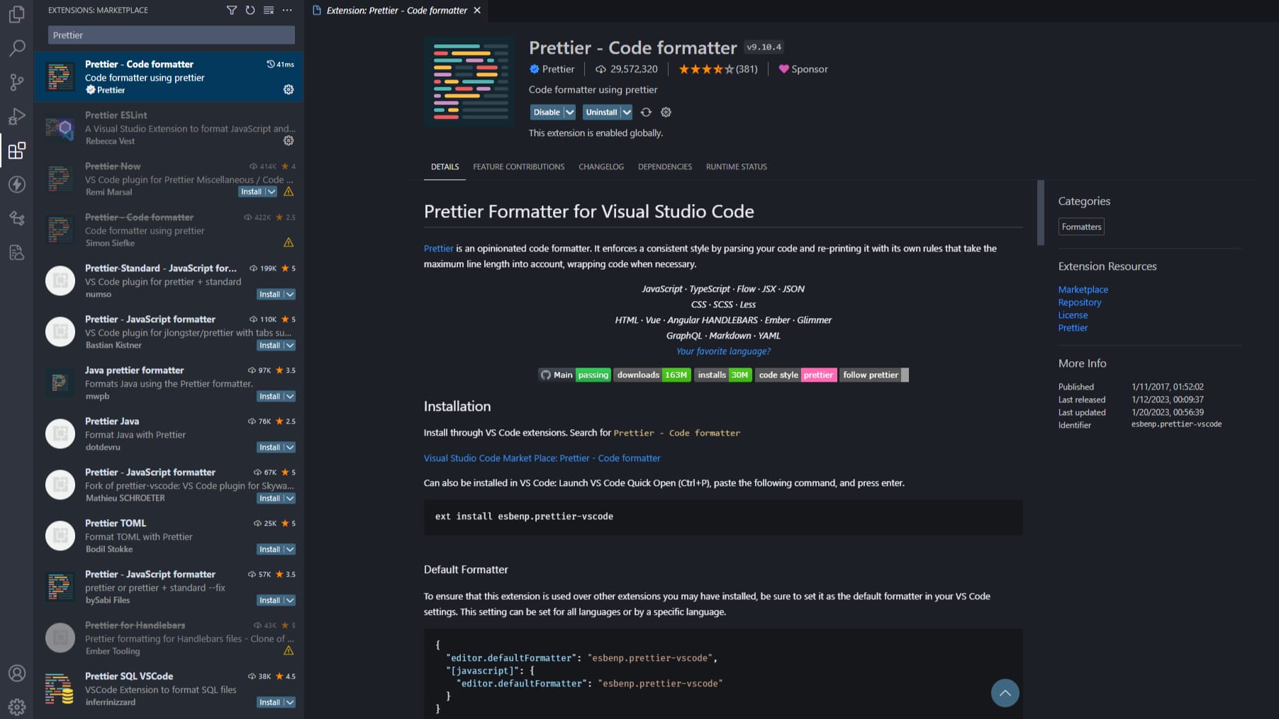 Installing Prettier extension on VS Code